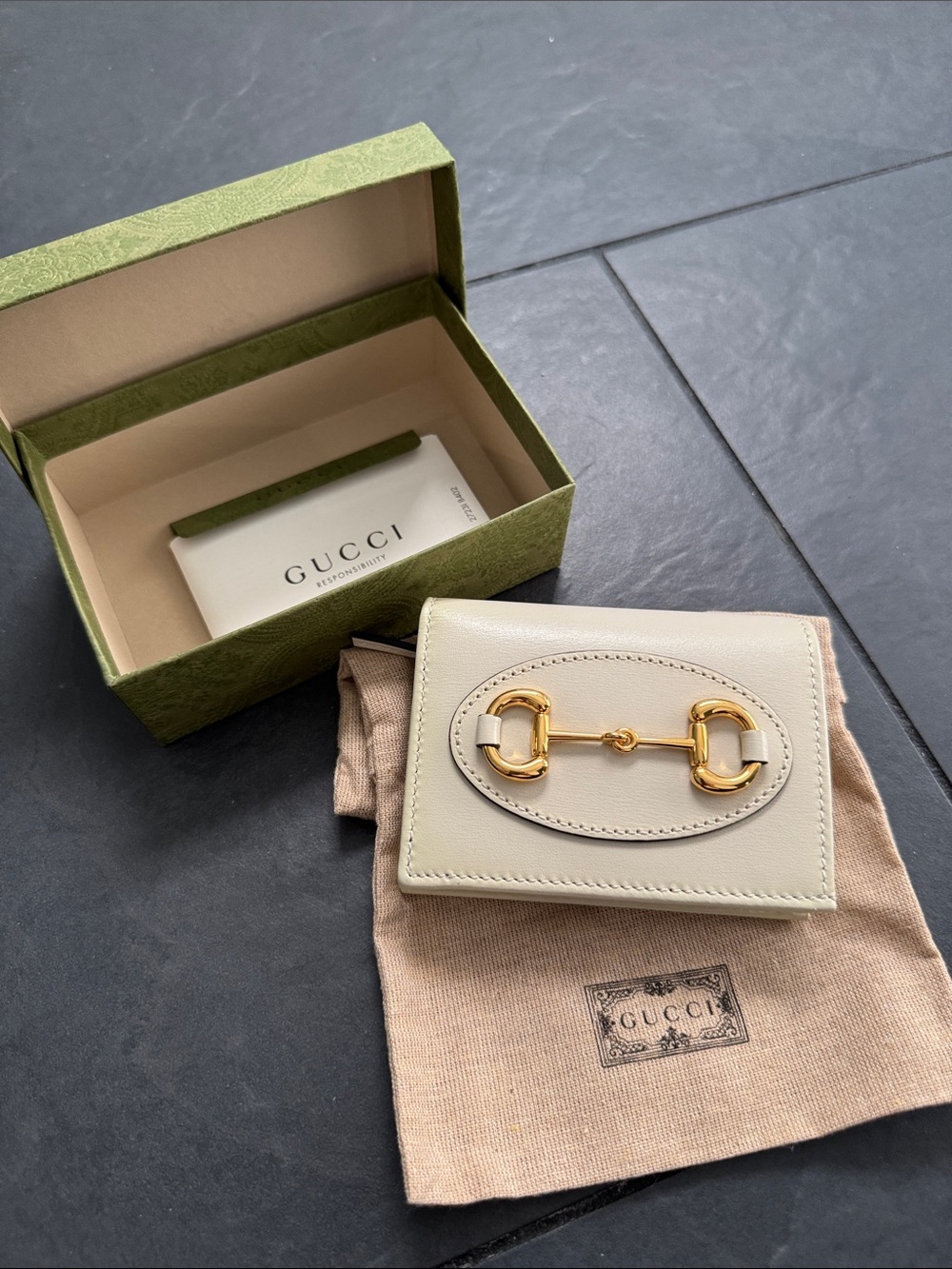 Gucci Cream Leather Card Holder with Gold Horsebit Accent